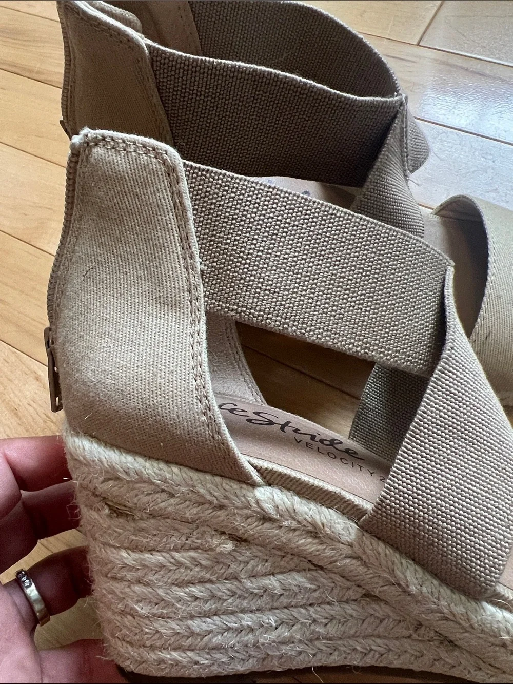 Life Stride Taupe Linen Bow Espadrille Wedge Sandals